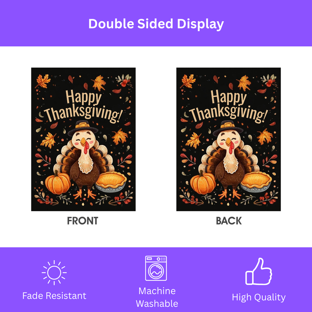 Happy Thanksgiving Turkey and Pumpkin Pie Garden Flag - double-sided design - Dragonfire Gardens