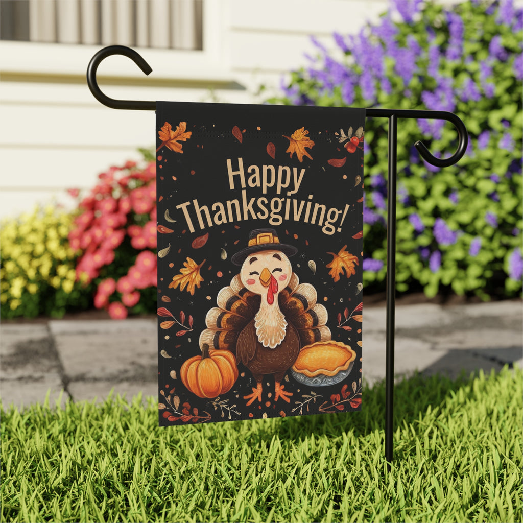 Happy Thanksgiving Turkey and Pumpkin Pie Garden Flag - outdoor display - Dragonfire Gardens