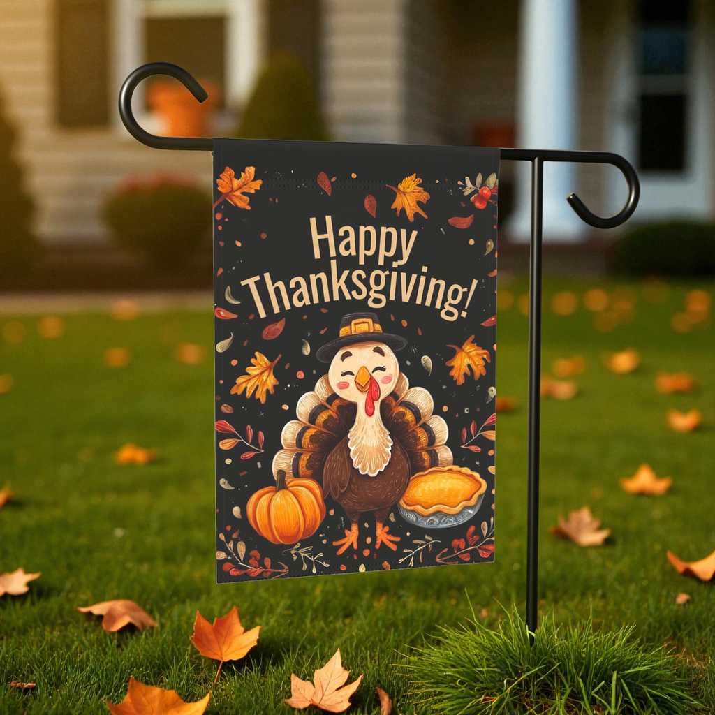 Happy Thanksgiving Turkey and Pumpkin Pie Garden Flag - front view - Dragonfire Gardens