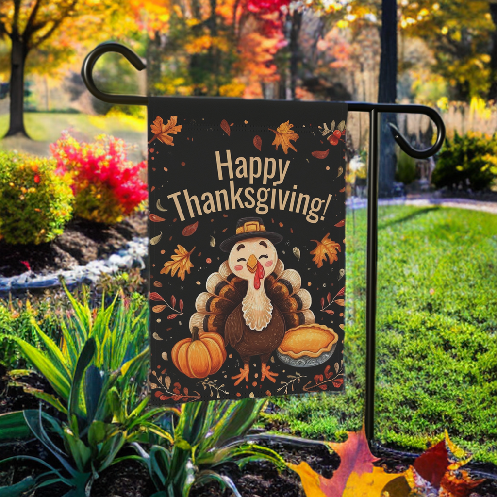 Happy Thanksgiving Turkey and Pumpkin Pie Garden Flag - size comparison - Dragonfire Gardens