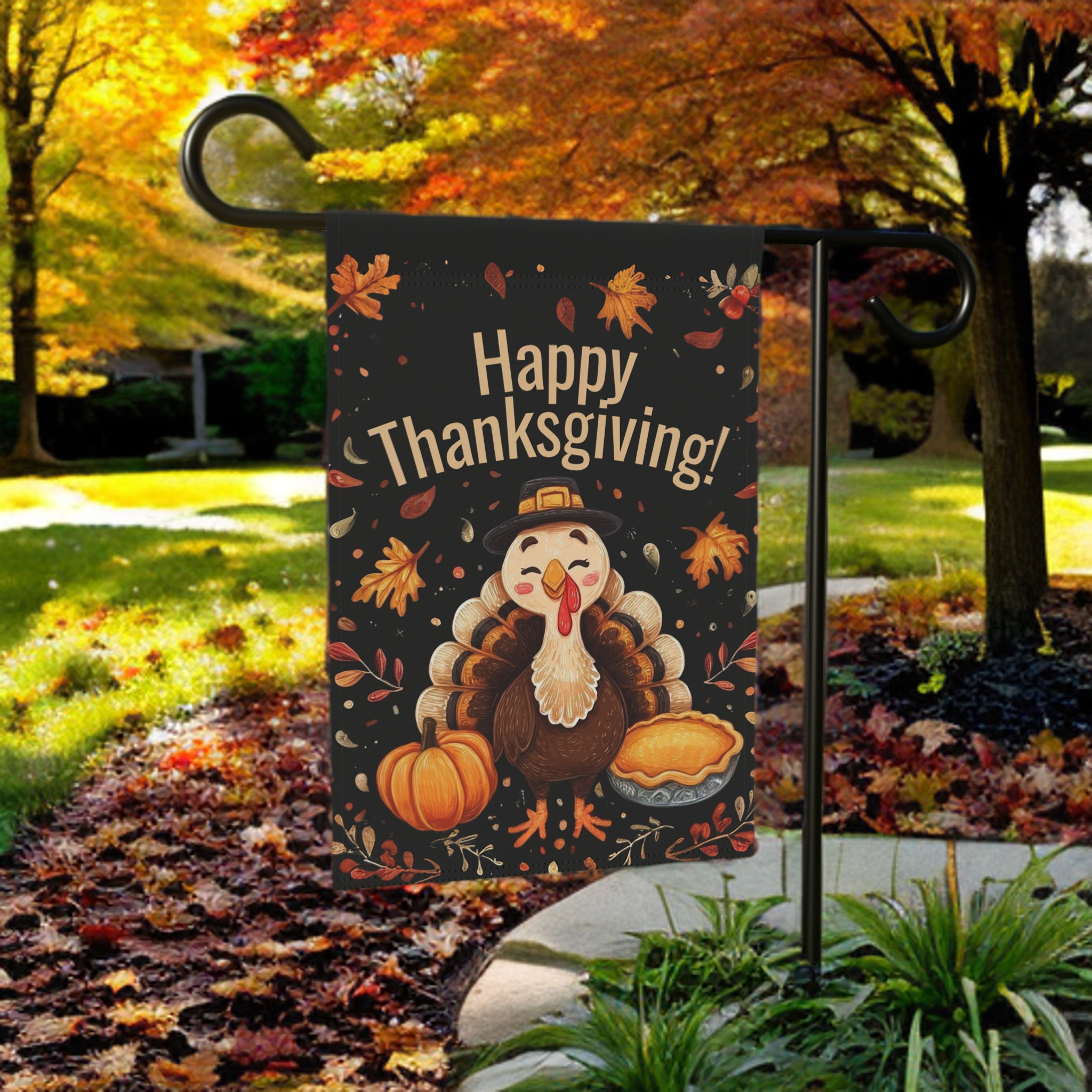 Happy Thanksgiving Turkey and Pumpkin Pie Garden Flag - lifestyle display - Dragonfire Gardens