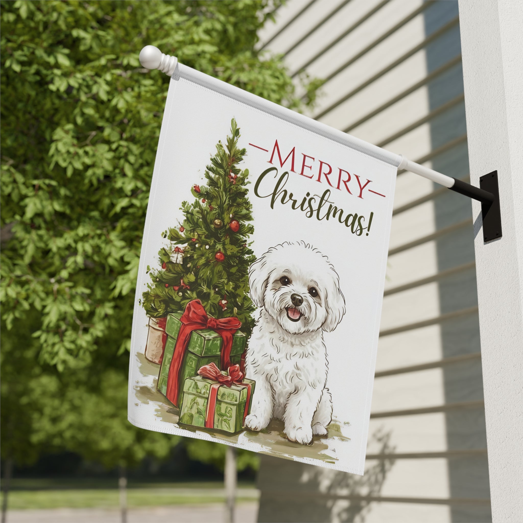 Bichon Frise and Presents Christmas Garden Flag - close-up detail - Dragonfire Gardens