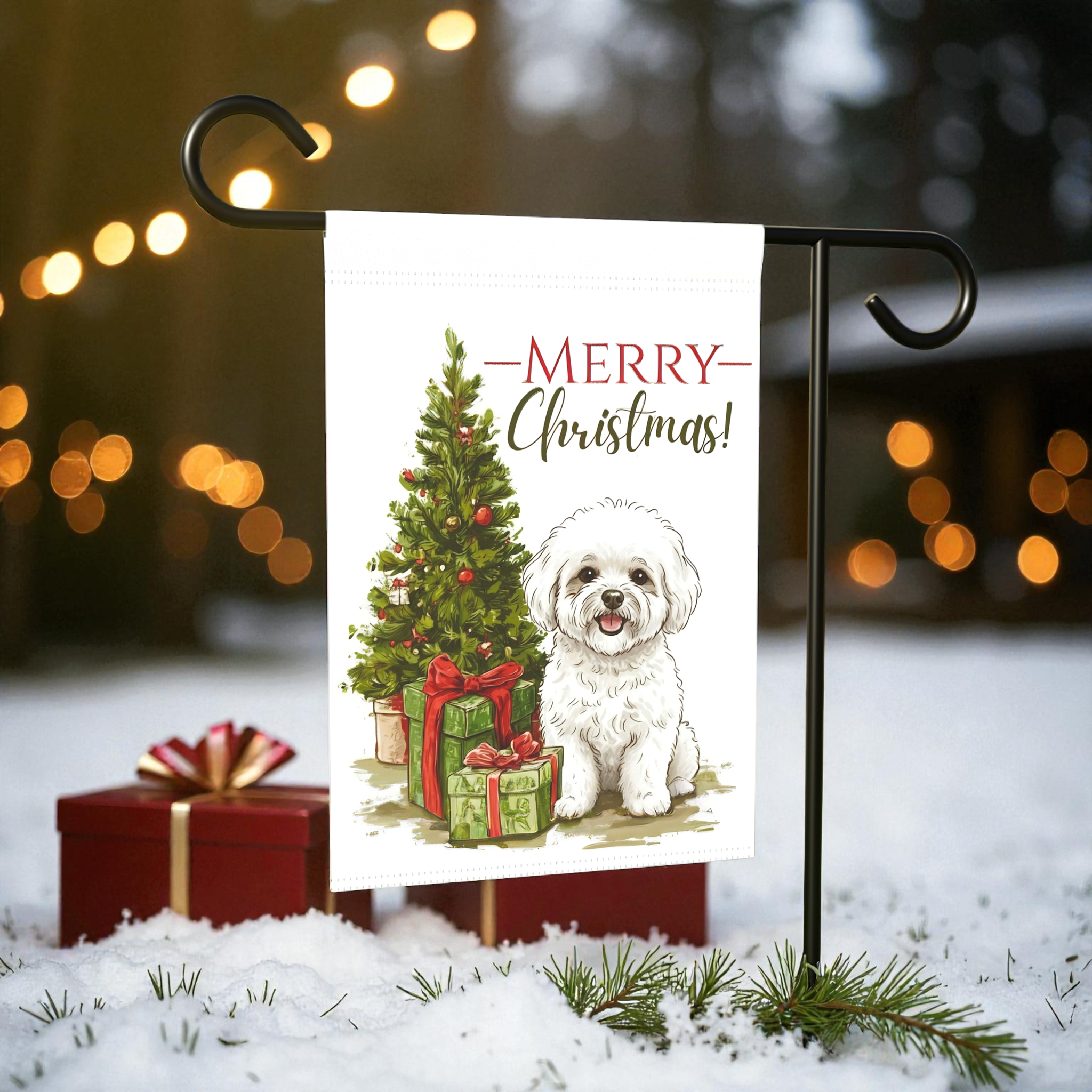 Bichon Frise and Presents Christmas Garden Flag
