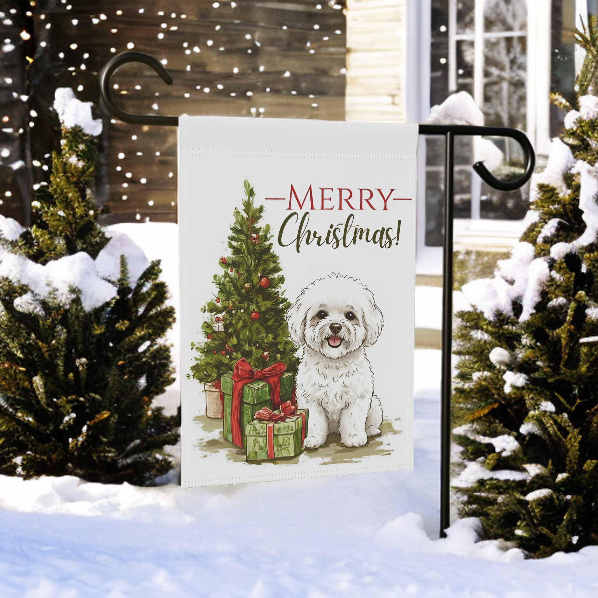 Bichon Frise and Presents Christmas Garden Flag