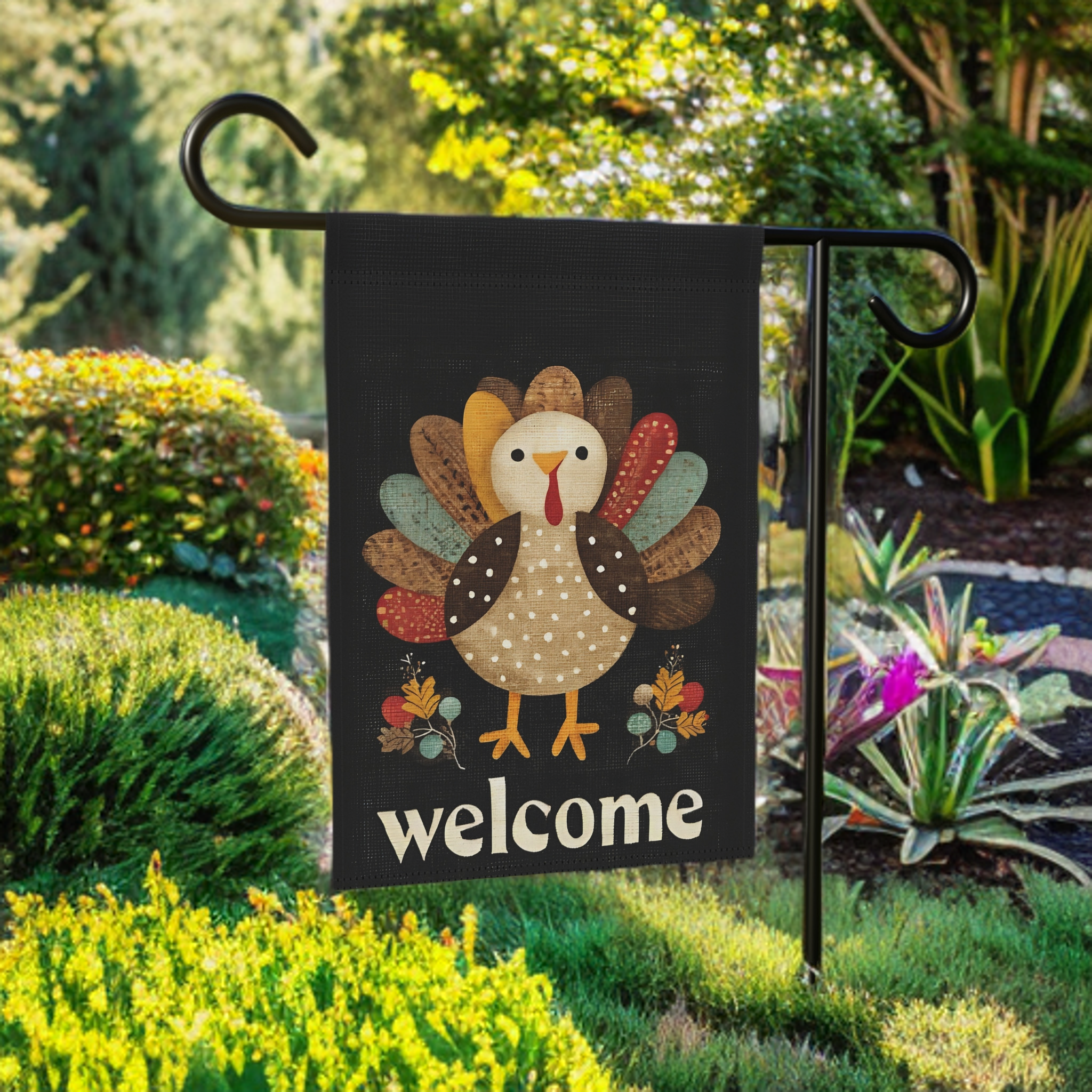 Colorful Feather Turkey Welcome Garden Flag