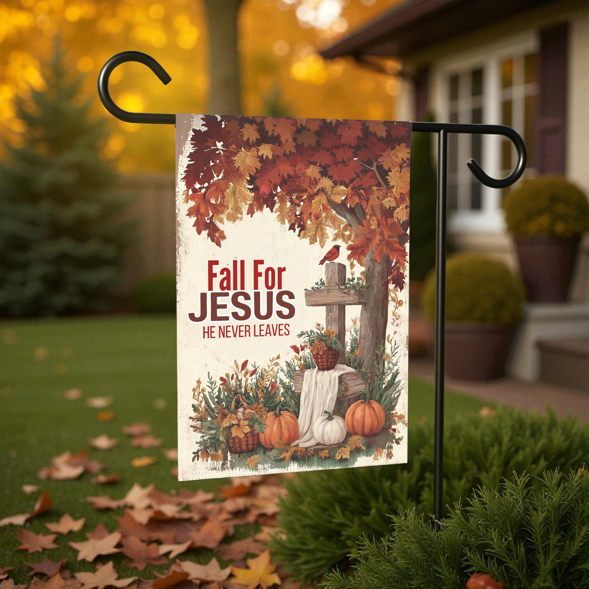 Fall For Jesus Autumn Tree Garden Flag - lifestyle display - Dragonfire Gardens