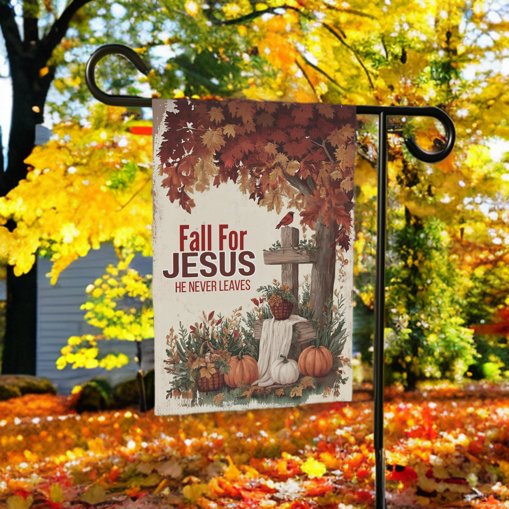 Fall For Jesus Autumn Tree Garden Flag - size comparison - Dragonfire Gardens