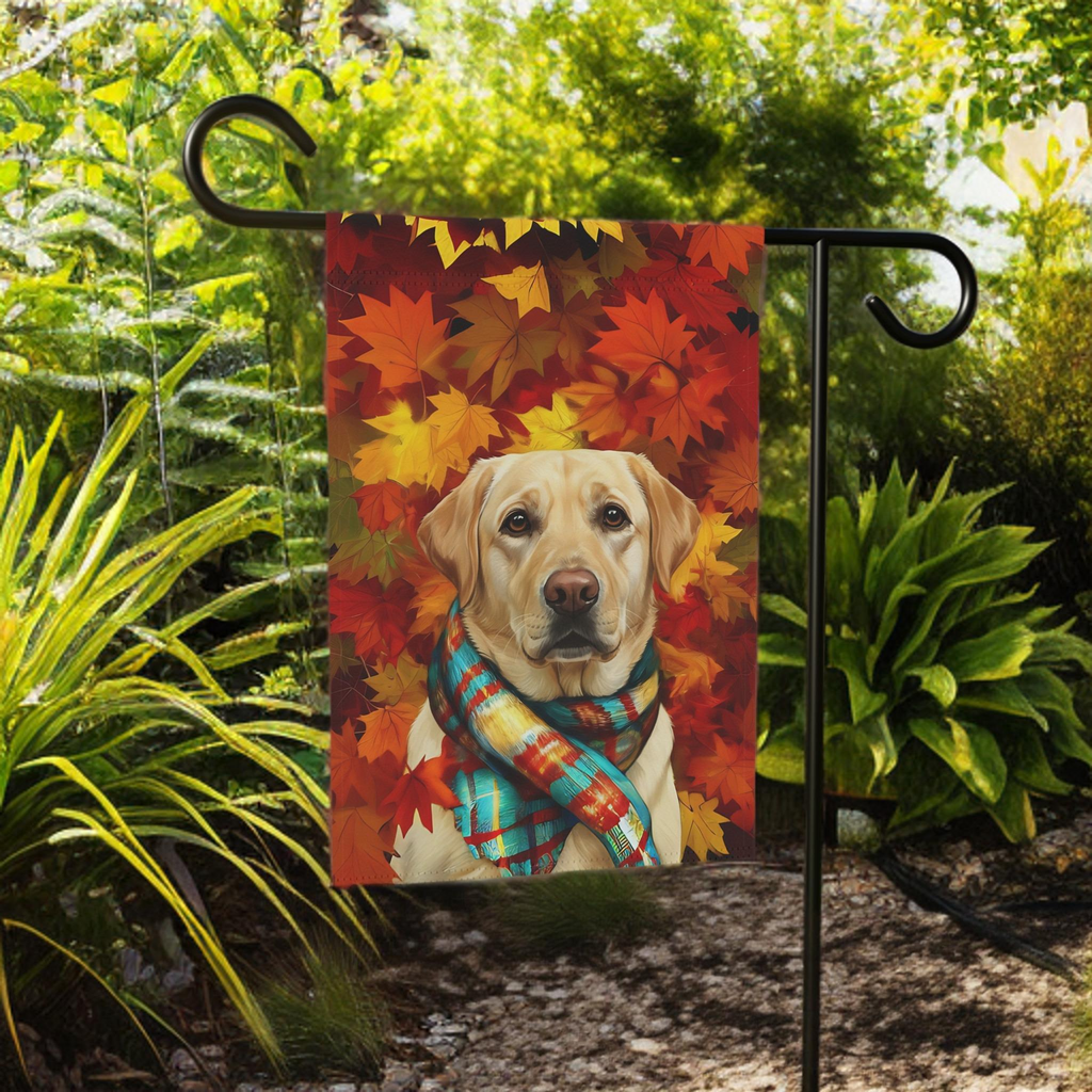 Fall Scarf Yellow Labrador Retriever Garden Flag - size comparison - Dragonfire Gardens
