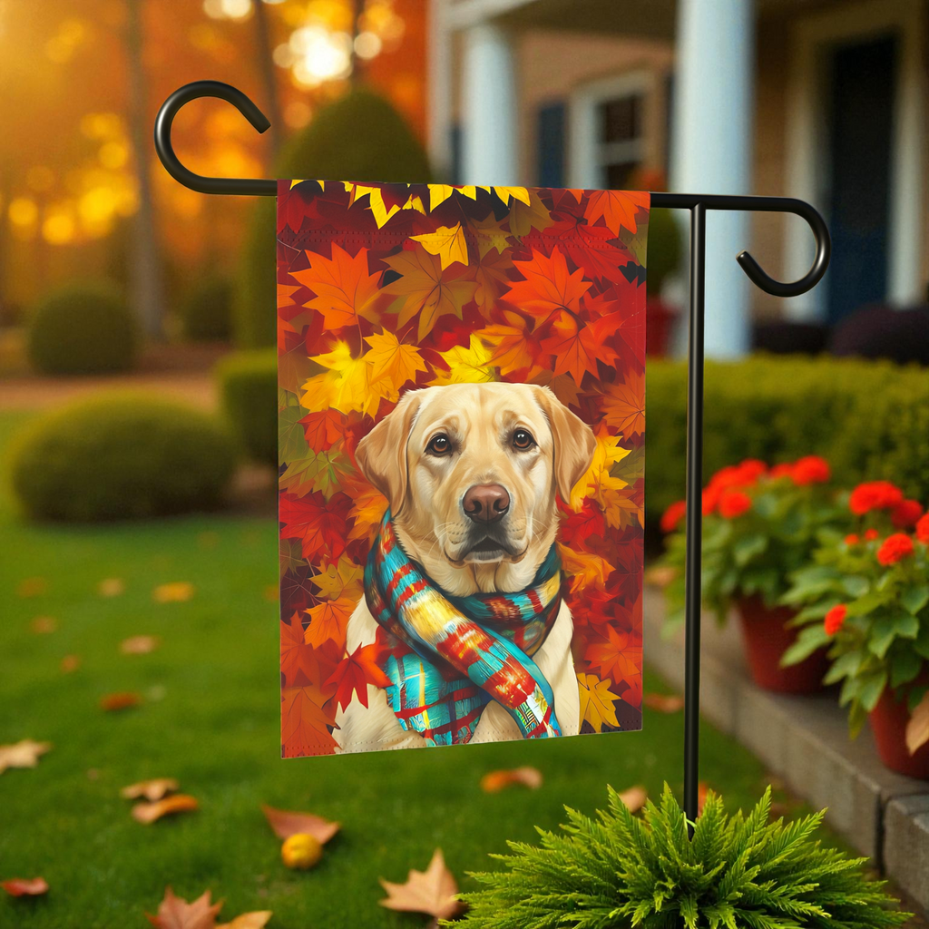 Fall Scarf Yellow Labrador Retriever Garden Flag - front view - Dragonfire Gardens