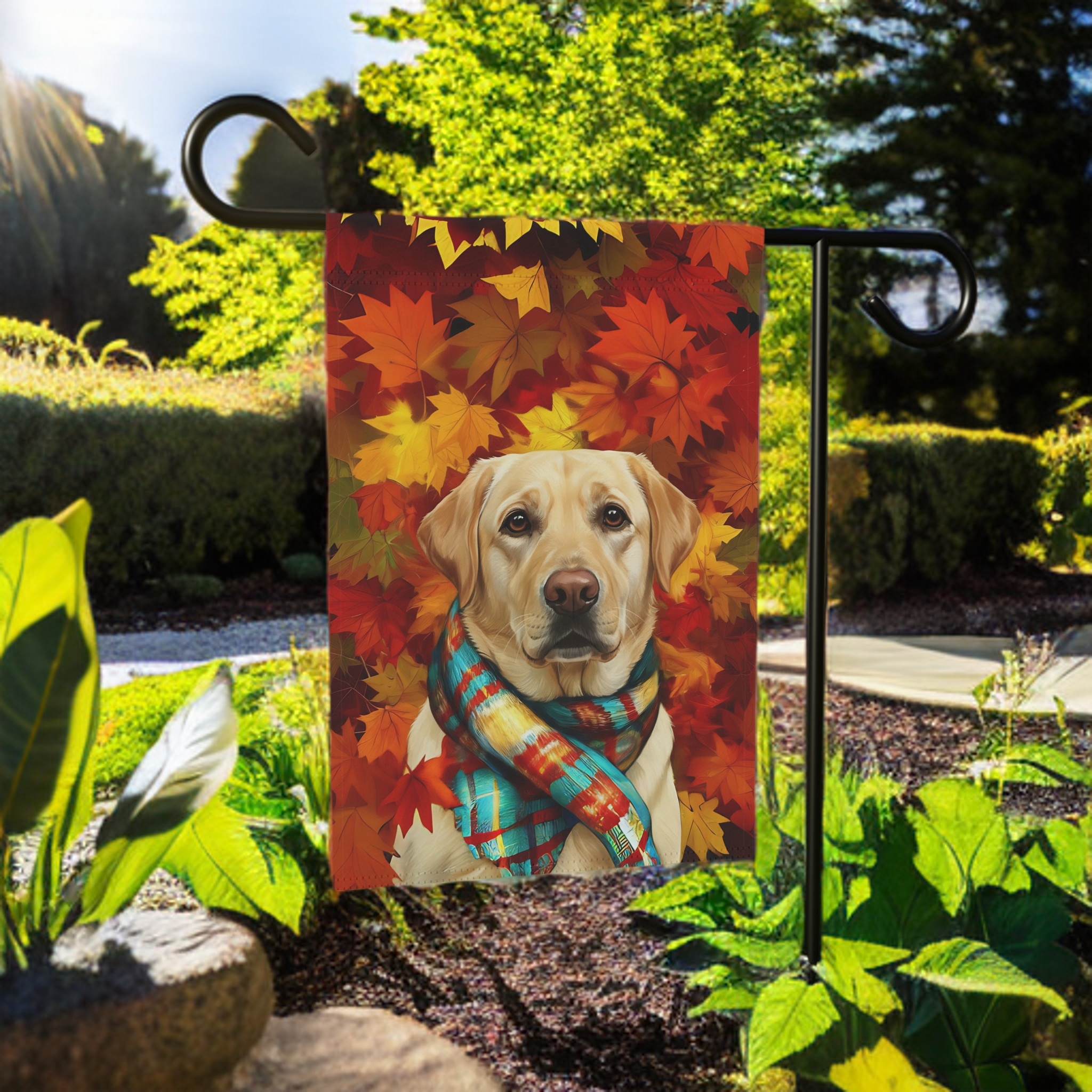 Fall Scarf Yellow Labrador Retriever Garden Flag - lifestyle display - Dragonfire Gardens