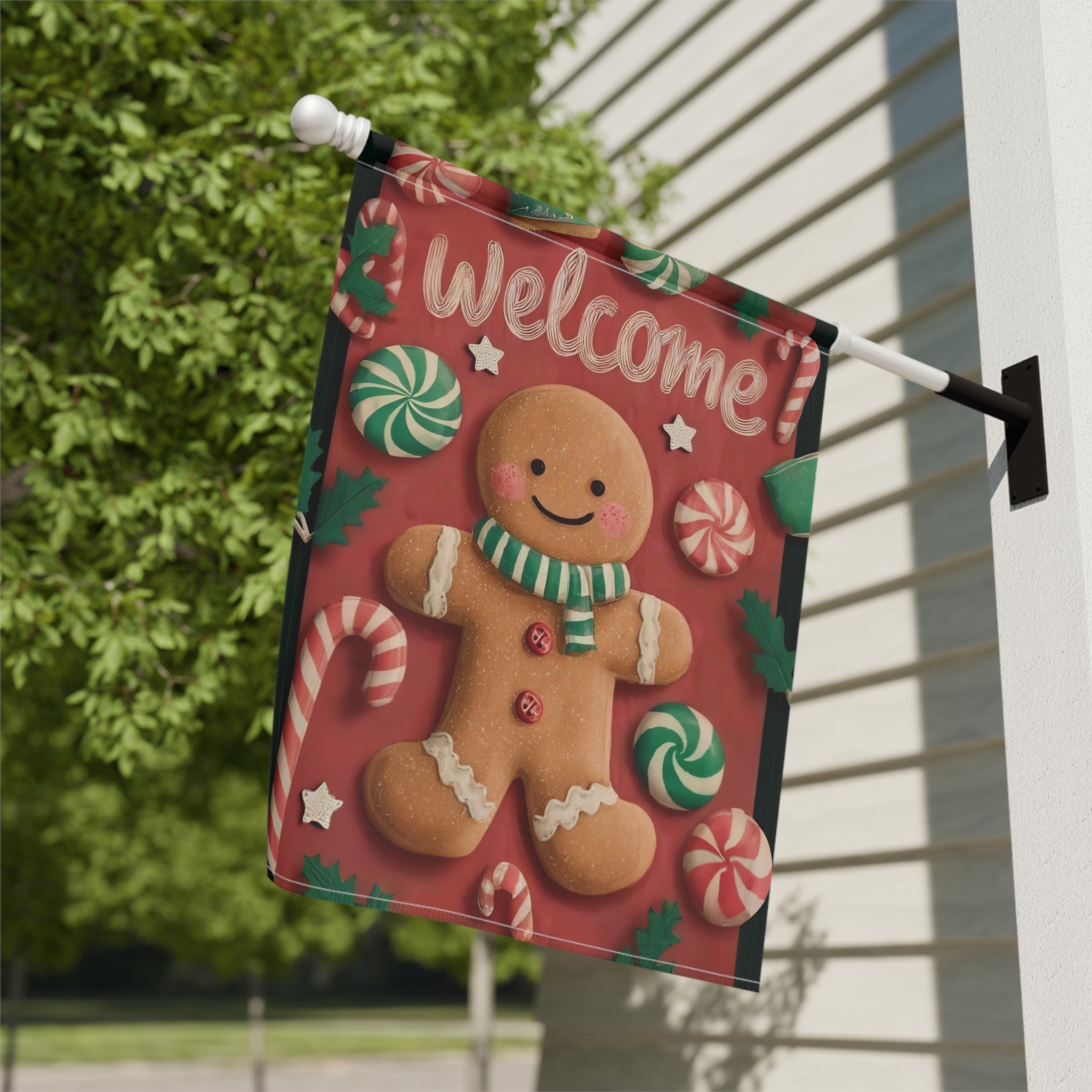 Gingerbread Man and Candy Welcome Garden Flag - close-up detail - Dragonfire Gardens