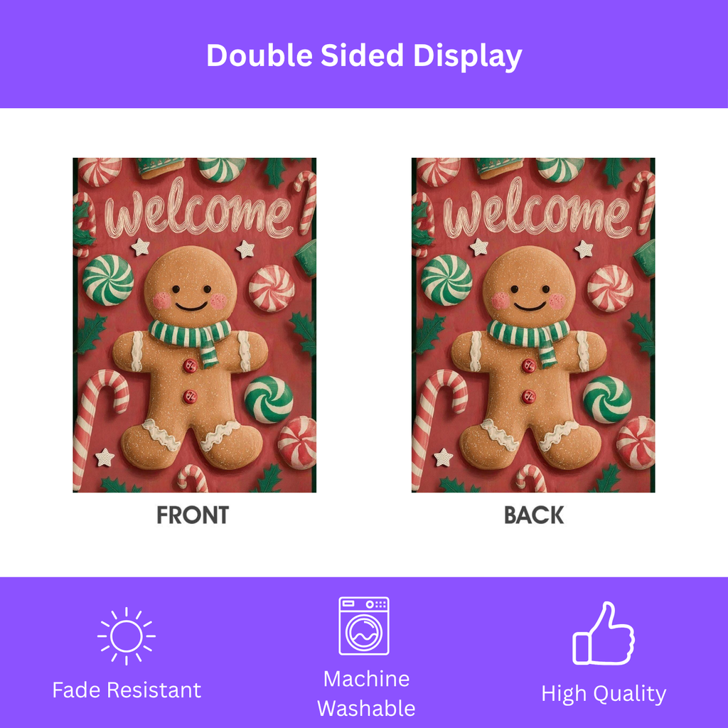 Gingerbread Man and Candy Welcome Garden Flag - double-sided design - Dragonfire Gardens