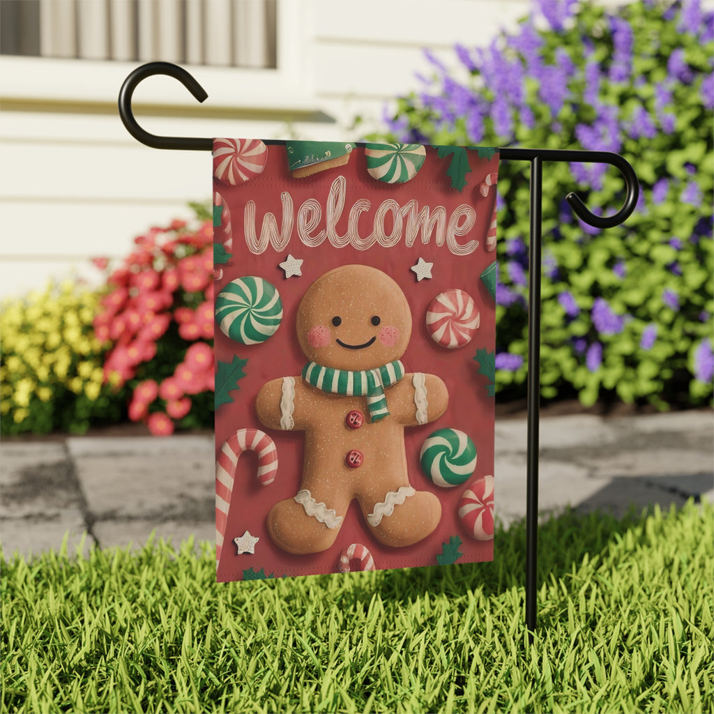 Gingerbread Man and Candy Welcome Garden Flag - outdoor display - Dragonfire Gardens