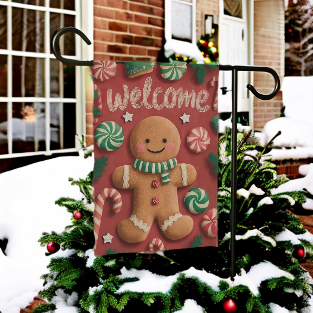Gingerbread Man and Candy Welcome Garden Flag - size comparison - Dragonfire Gardens