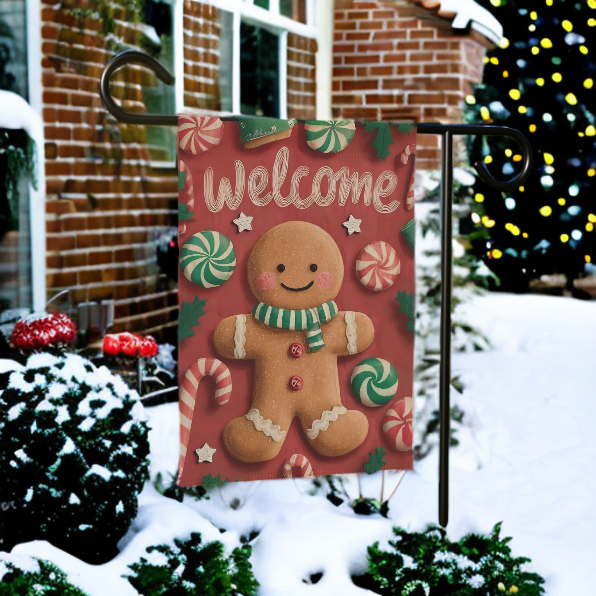 Gingerbread Man and Candy Welcome Garden Flag - lifestyle display - Dragonfire Gardens