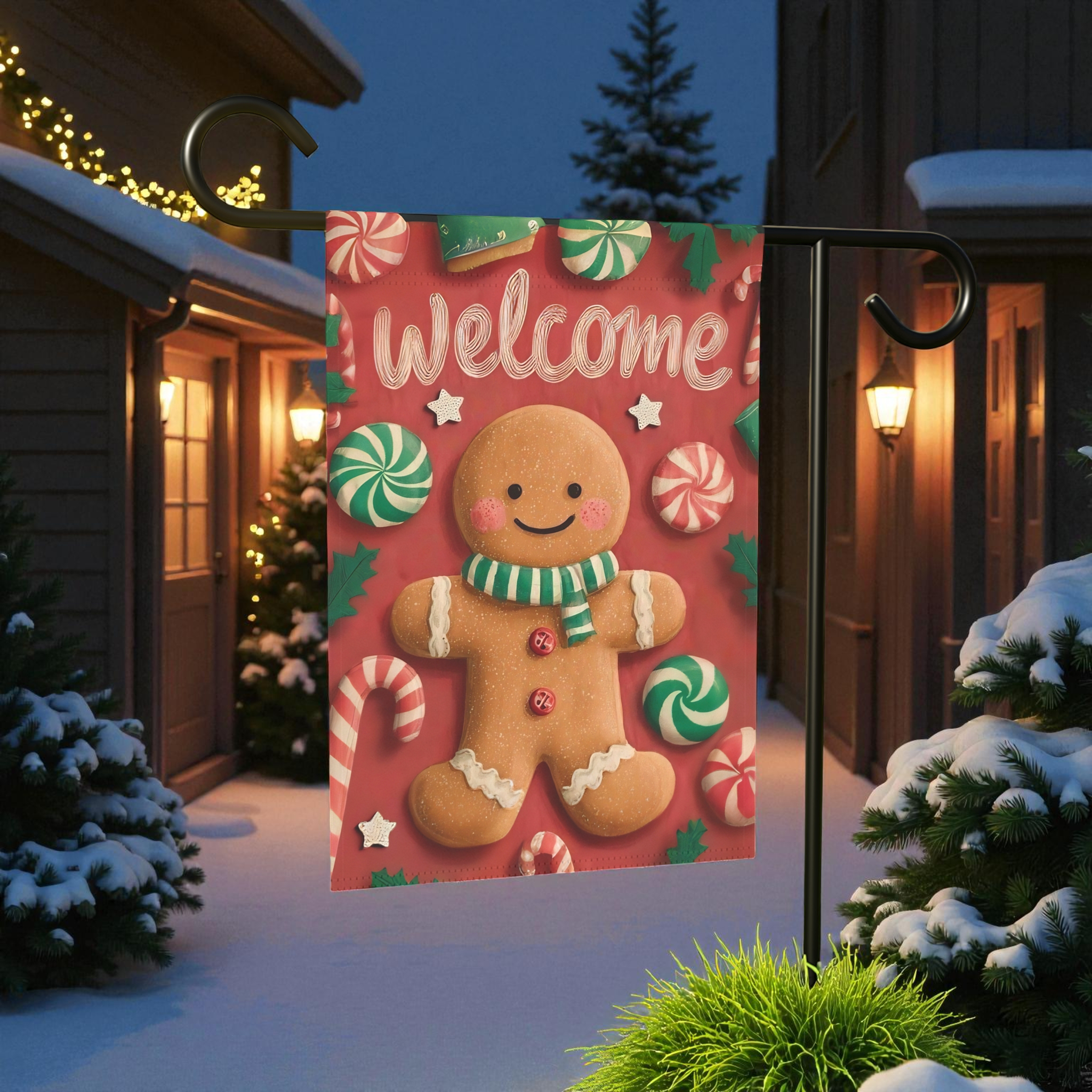 Gingerbread Man and Candy Welcome Garden Flag - front view - Dragonfire Gardens