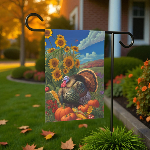 Autumn Wild Turkey Harvest Garden Flag - front view - Dragonfire Gardens