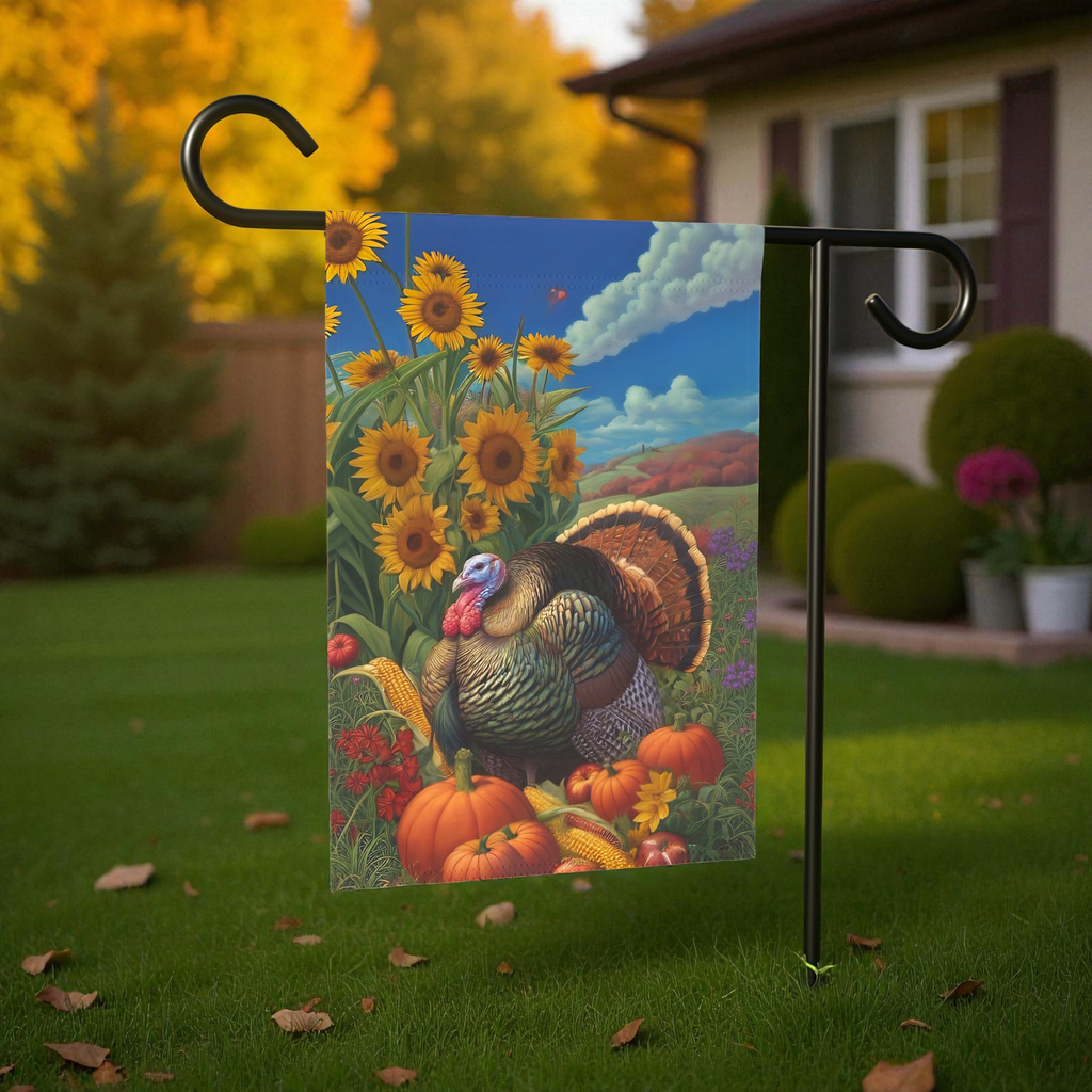 Autumn Wild Turkey Harvest Garden Flag - size comparison - Dragonfire Gardens