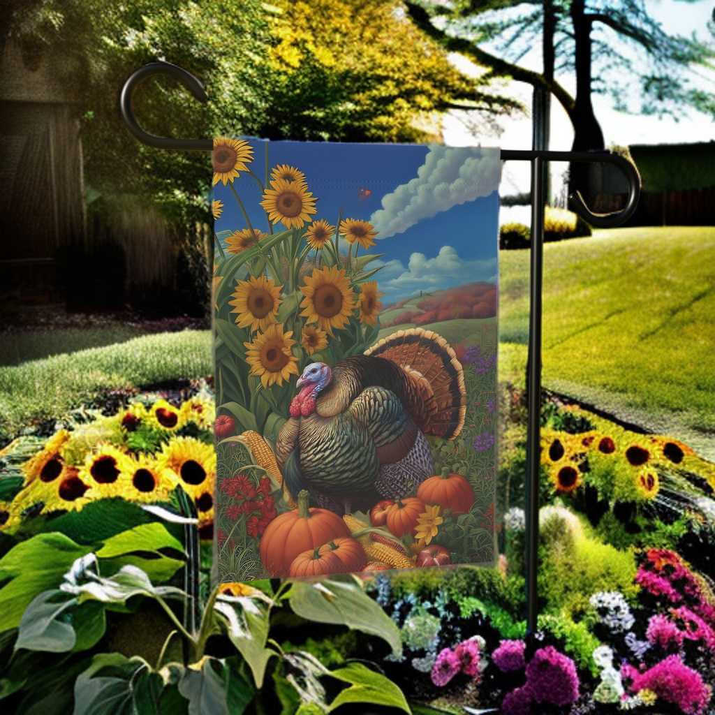 Autumn Wild Turkey Harvest Garden Flag - lifestyle display - Dragonfire Gardens