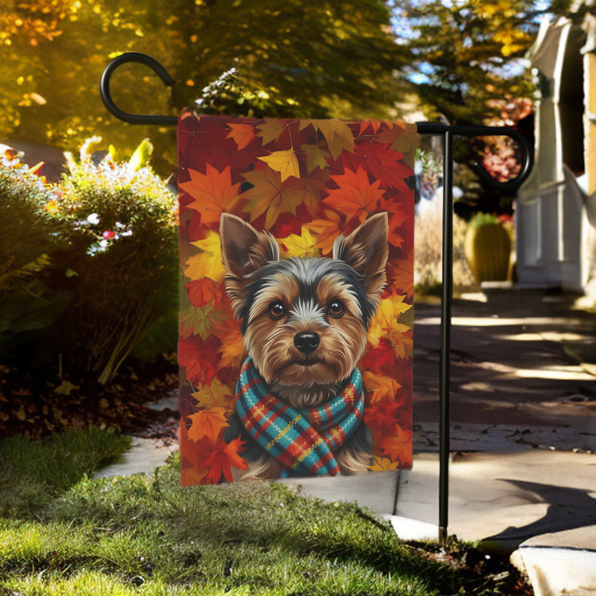 Fall Scarf Yorkshire Terrier Garden Flag - lifestyle display - Dragonfire Gardens