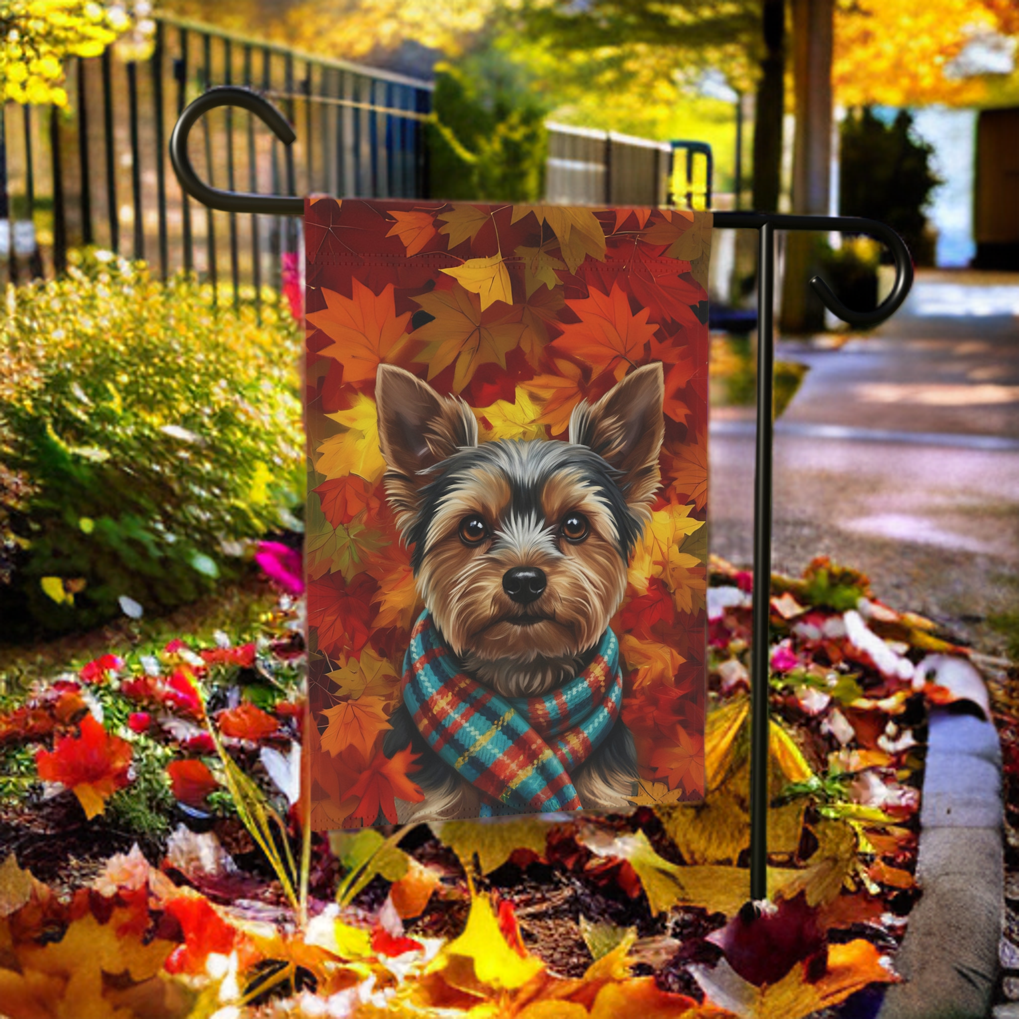 Fall Scarf Yorkshire Terrier Garden Flag - product detail - Dragonfire Gardens