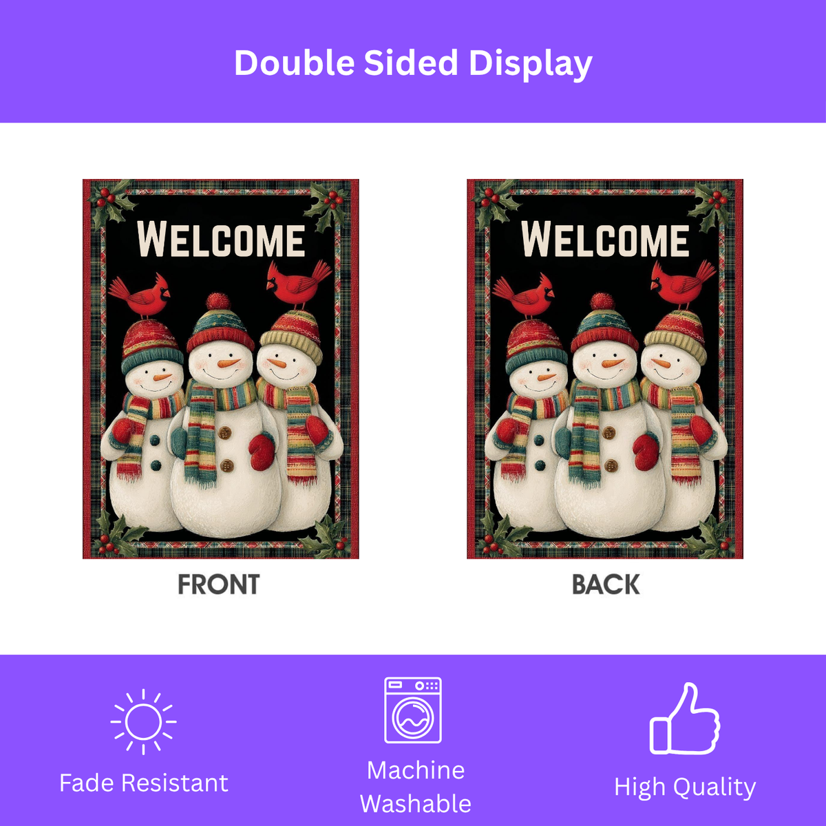 Snowmen and Cardinals Welcome Garden Flag - double-sided design - Dragonfire Gardens