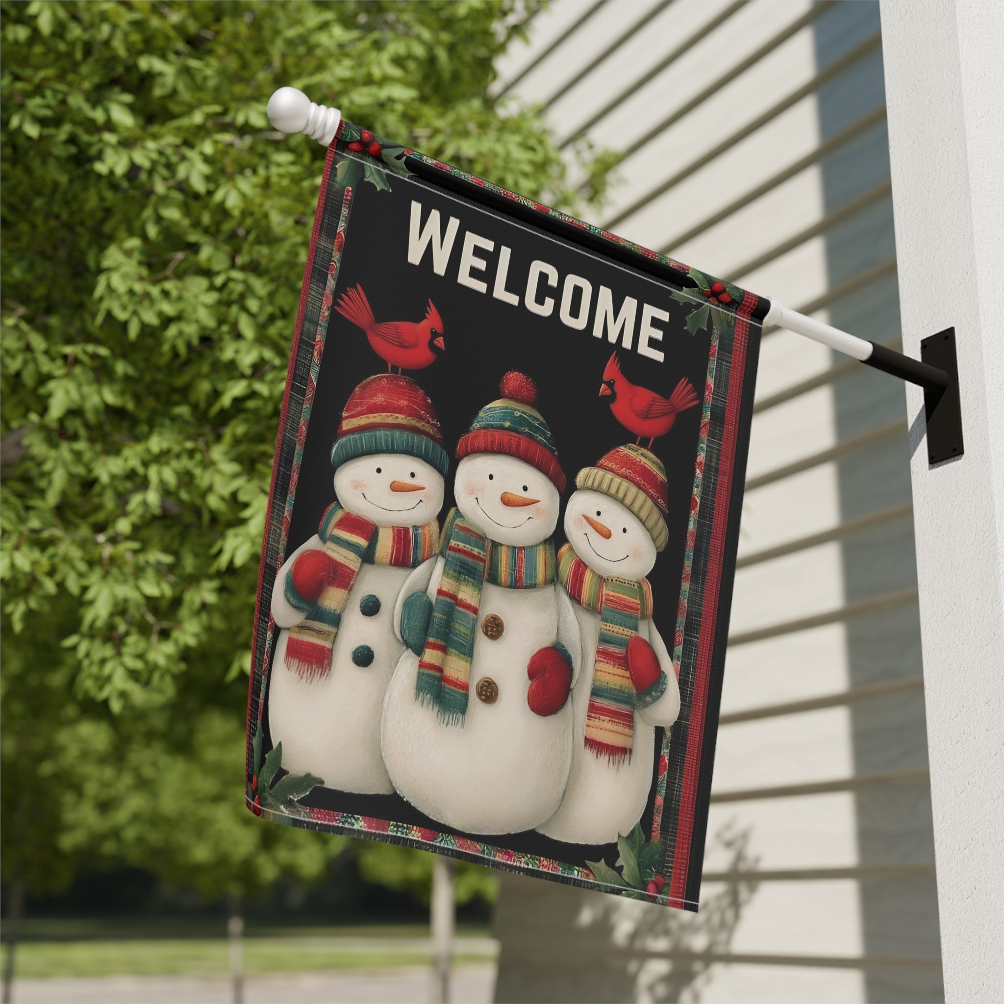 Snowmen and Cardinals Welcome Garden Flag - close-up detail - Dragonfire Gardens