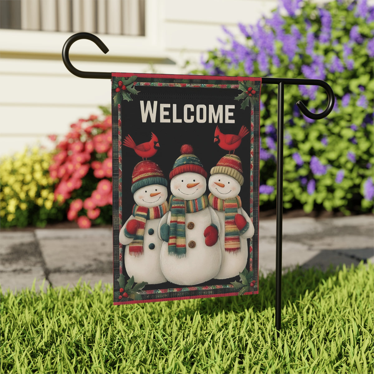 Snowmen and Cardinals Welcome Garden Flag - outdoor display - Dragonfire Gardens