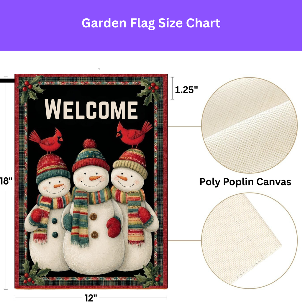 Snowmen and Cardinals Welcome Garden Flag - yard display - Dragonfire Gardens
