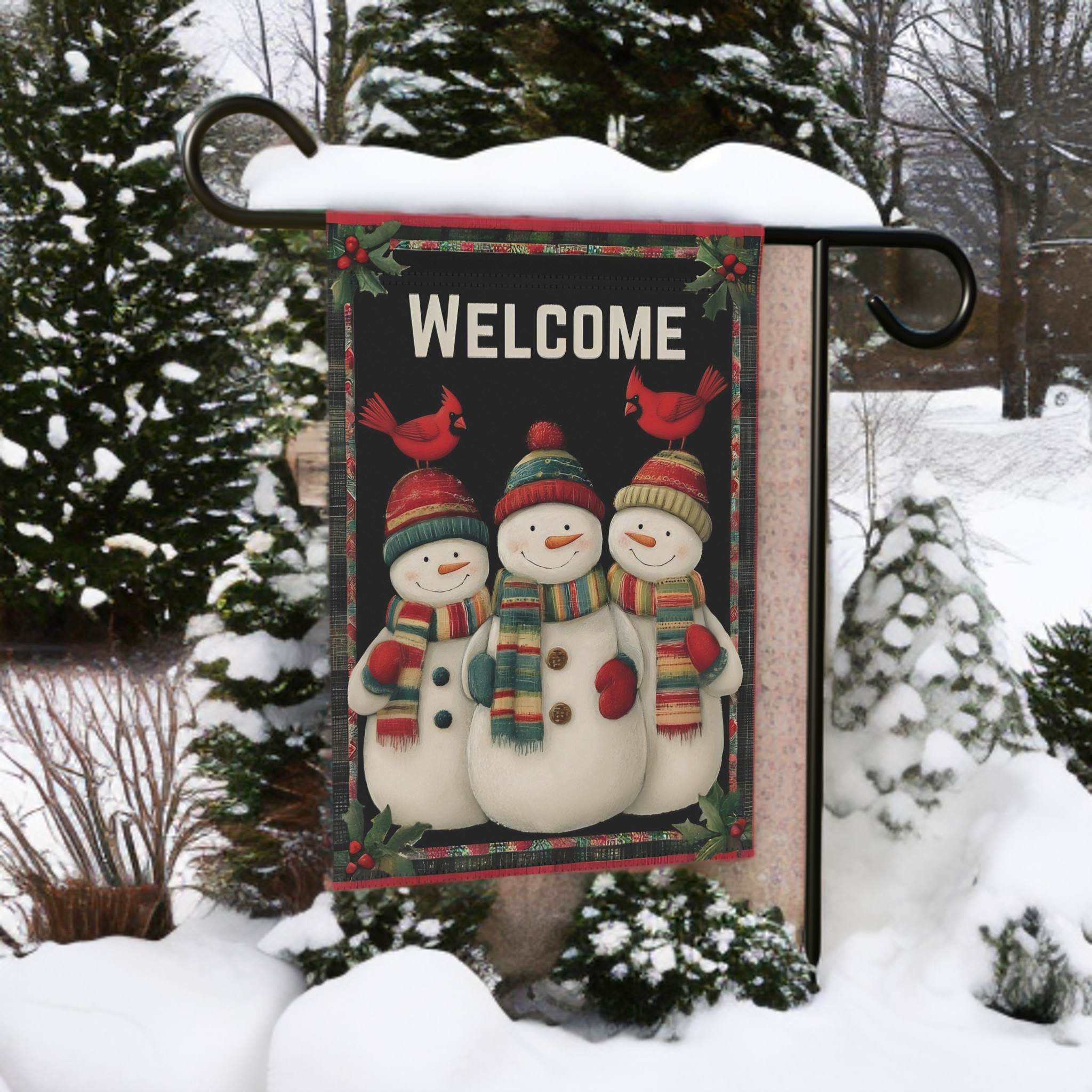 Snowmen and Cardinals Welcome Garden Flag - size comparison - Dragonfire Gardens