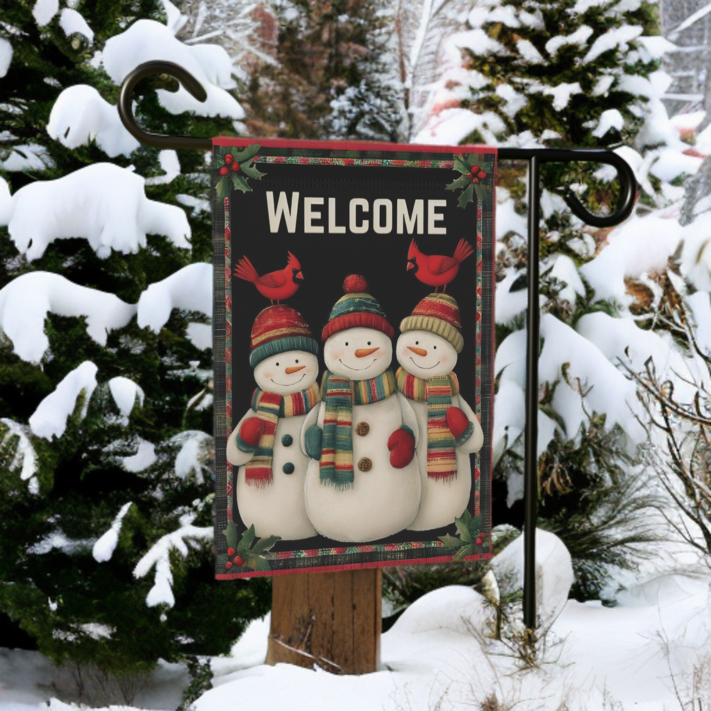 Snowmen and Cardinals Welcome Garden Flag - lifestyle display - Dragonfire Gardens