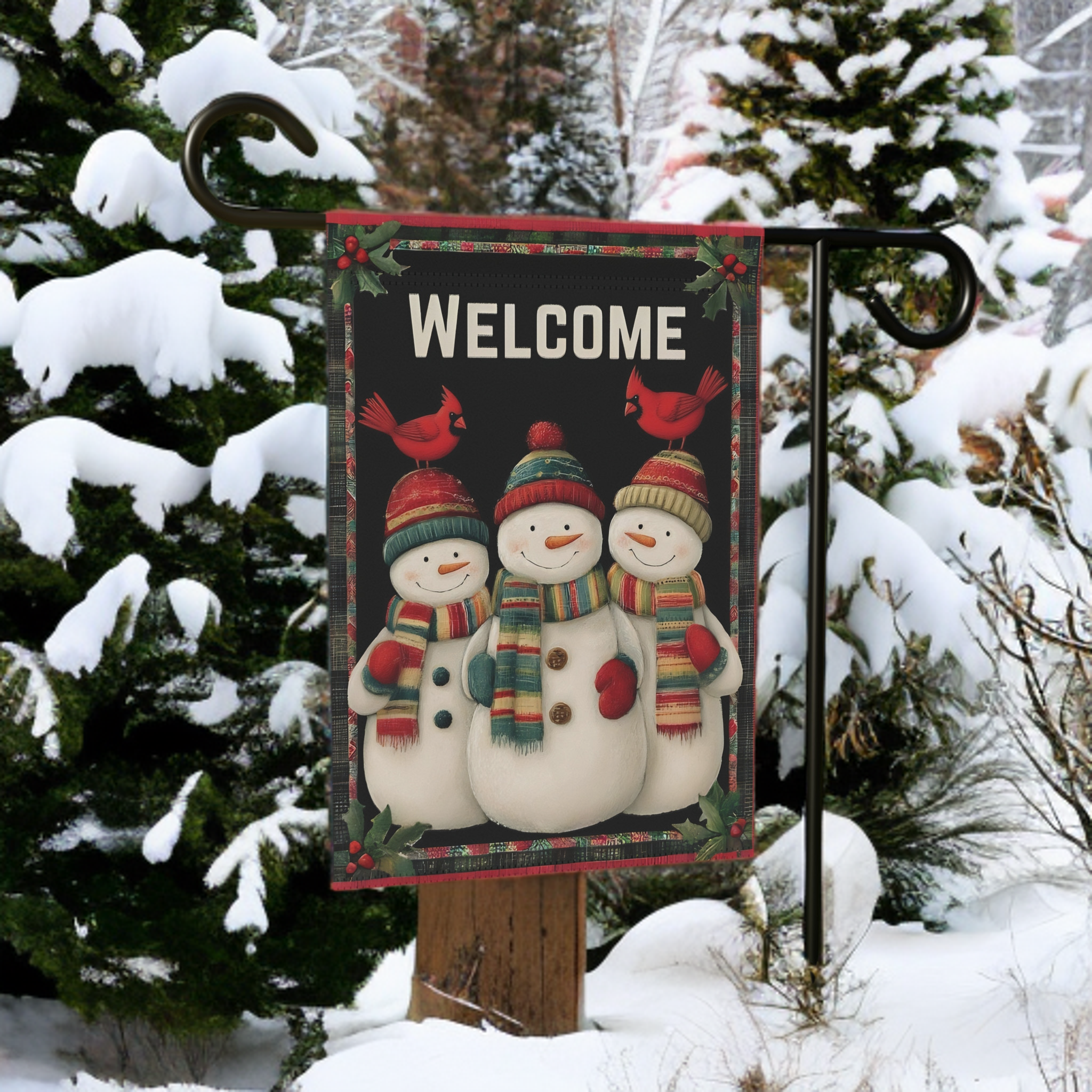 Snowmen and Cardinals Welcome Garden Flag - lifestyle display - Dragonfire Gardens