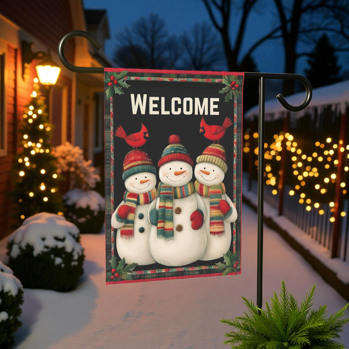 Snowmen and Cardinals Welcome Garden Flag - front view - Dragonfire Gardens