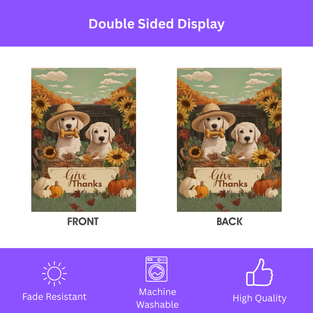 Two Puppies Give Thanks Garden Flag - double-sided design - Dragonfire Gardens