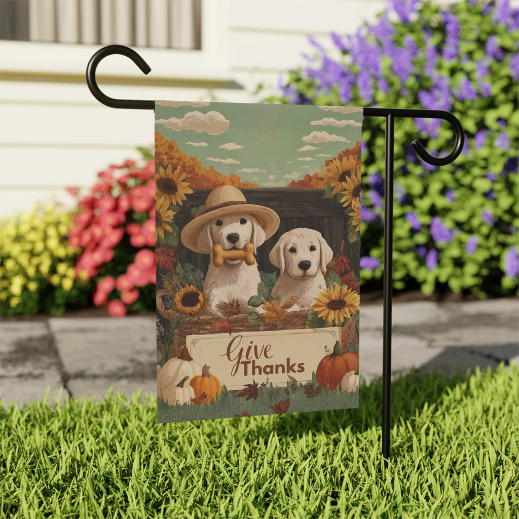 Two Puppies Give Thanks Garden Flag - outdoor display - Dragonfire Gardens