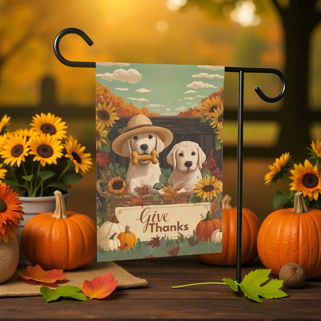 Two Puppies Give Thanks Garden Flag - size comparison - Dragonfire Gardens