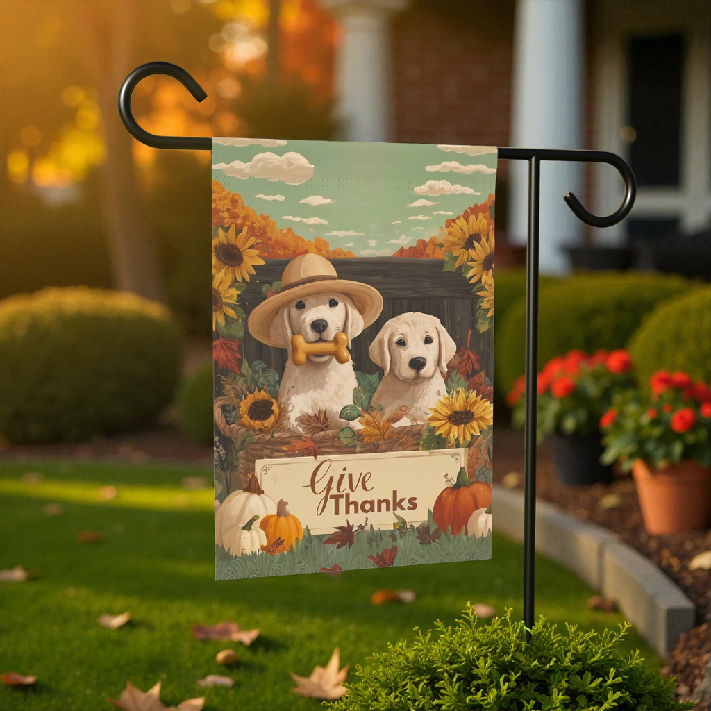 Two Puppies Give Thanks Garden Flag - front view - Dragonfire Gardens