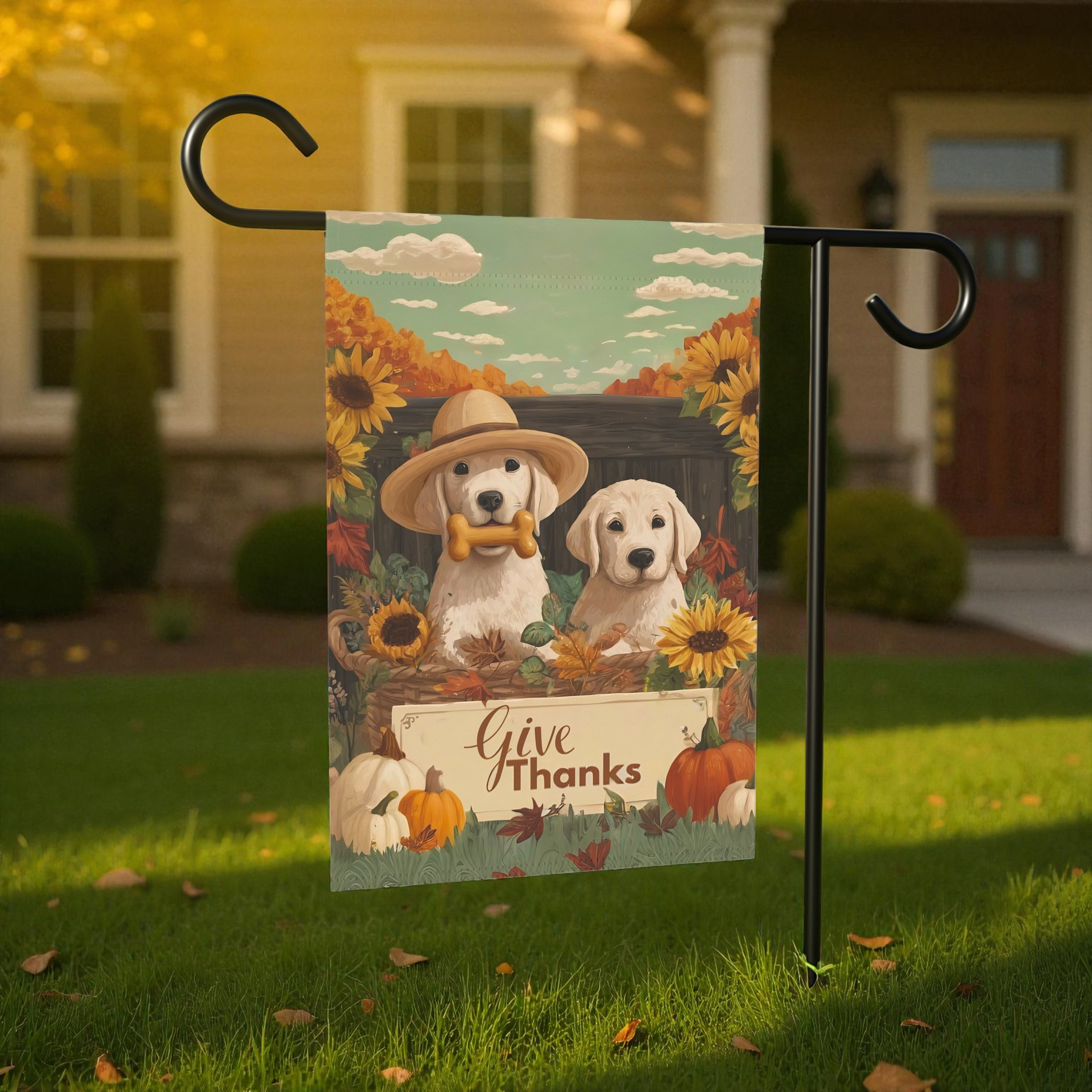 Two Puppies Give Thanks Garden Flag - lifestyle display - Dragonfire Gardens