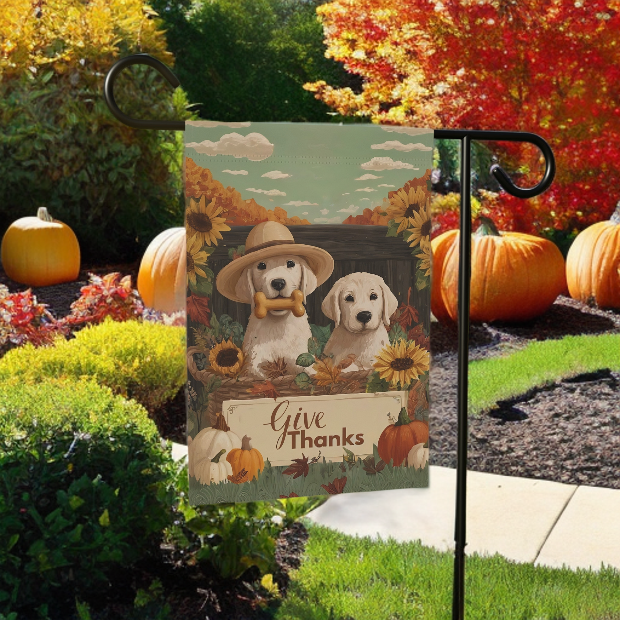 Two Puppies Give Thanks Garden Flag - product detail - Dragonfire Gardens