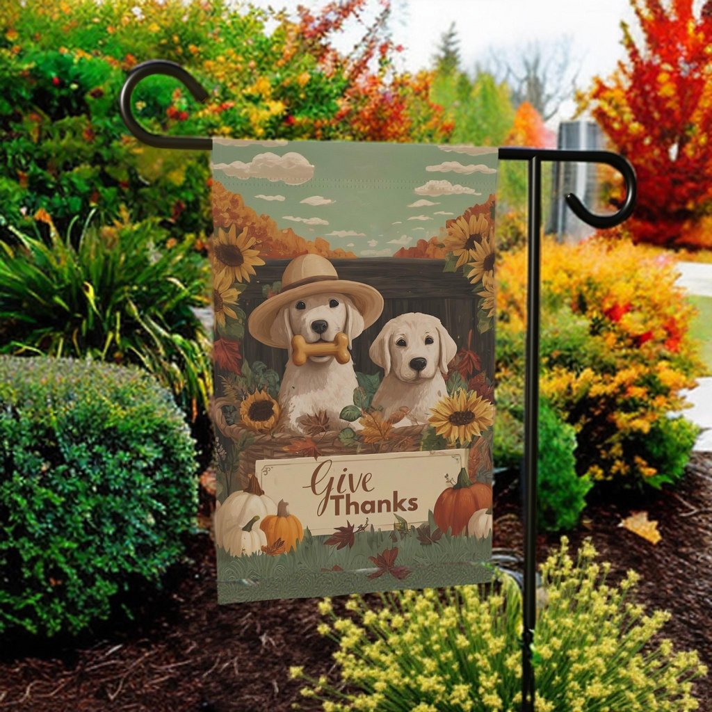 Two Puppies Give Thanks Garden Flag - banner view - Dragonfire Gardens
