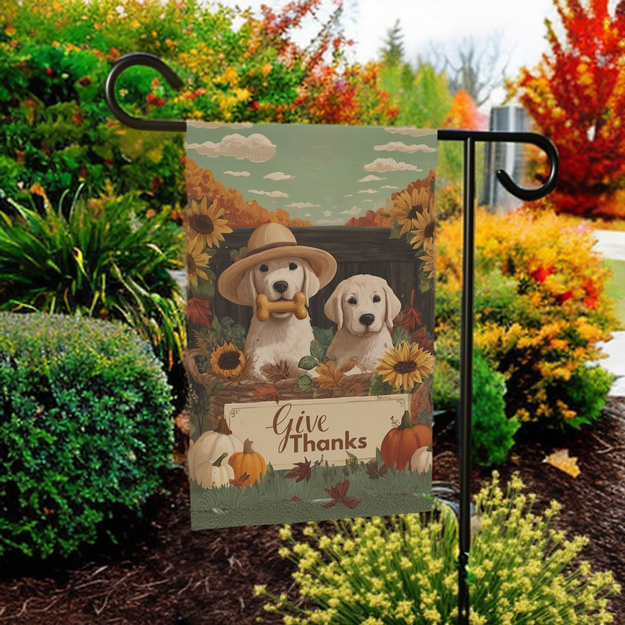 Two Puppies Give Thanks Garden Flag - banner view - Dragonfire Gardens