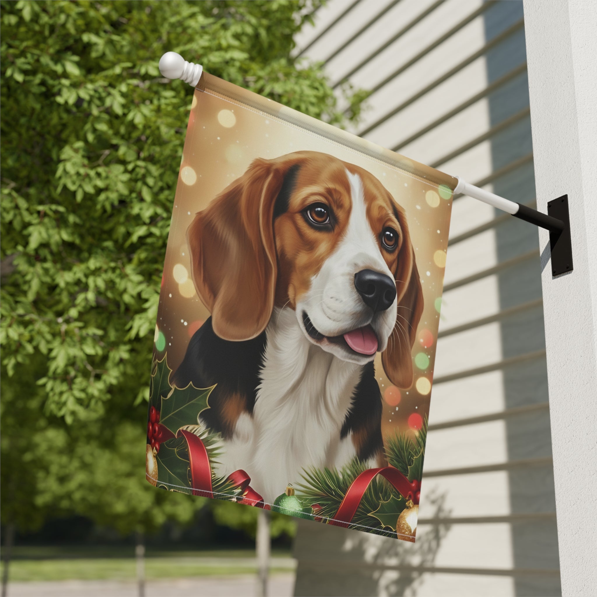 Beagle Christmas Lights Garden Flag - close-up detail - Dragonfire Gardens