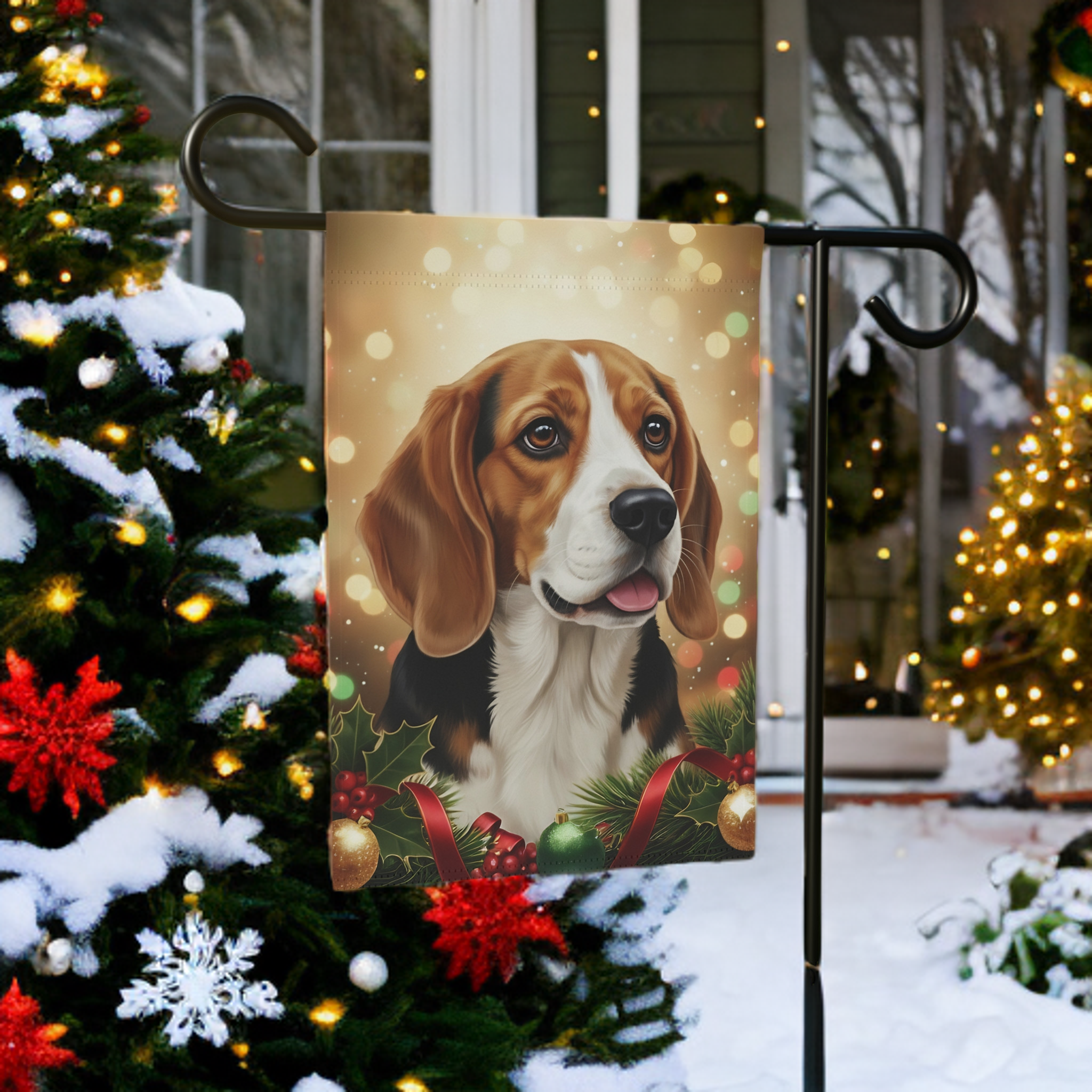 Beagle Christmas Lights Garden Flag - lifestyle display - Dragonfire Gardens