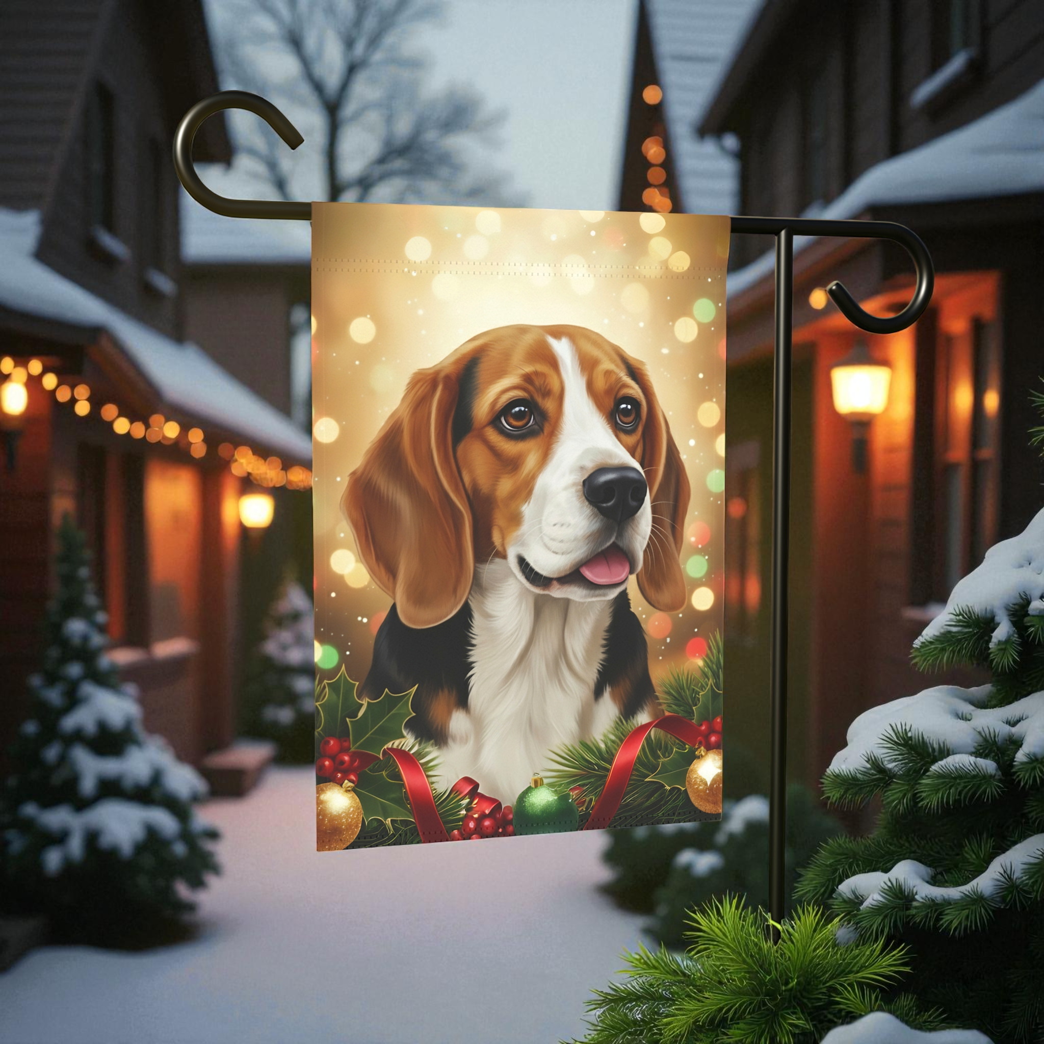 Beagle Christmas Lights Garden Flag - front view - Dragonfire Gardens