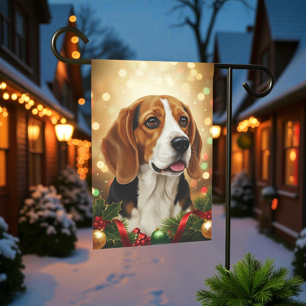 Beagle Christmas Lights Garden Flag - size comparison - Dragonfire Gardens