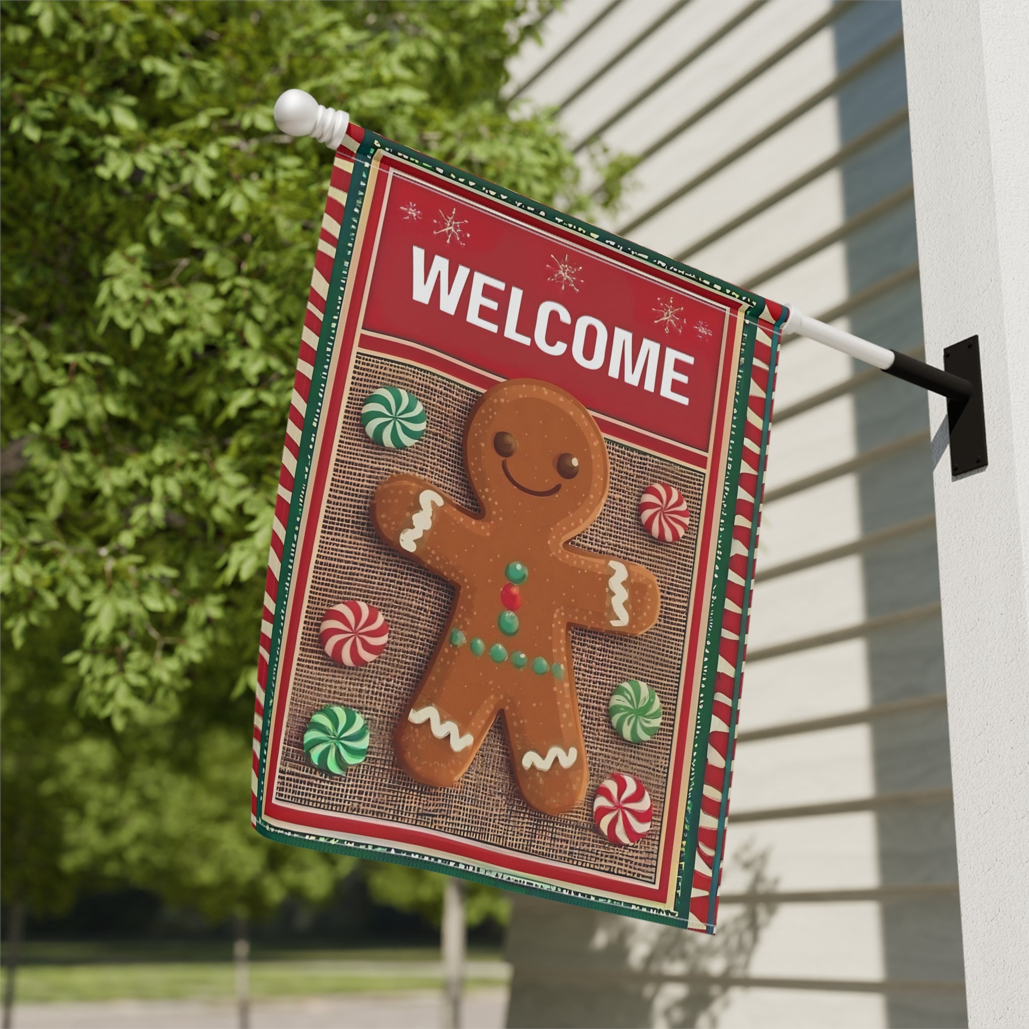 Welcome Gingerbread Garden Flag - close-up detail - Dragonfire Gardens