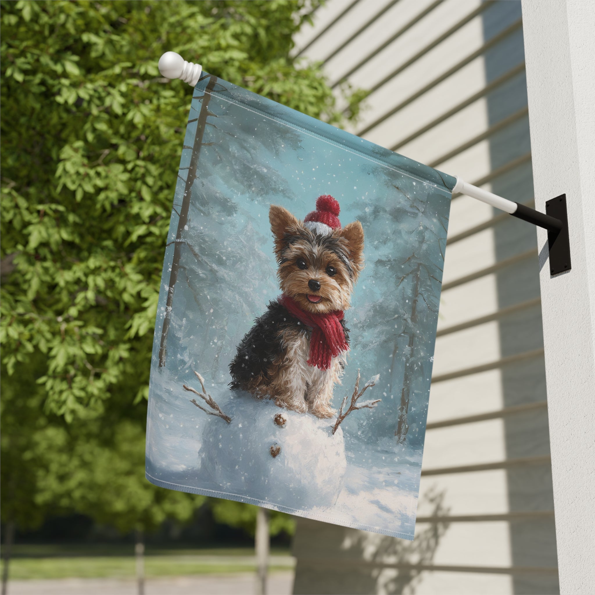 Making a Snowman Yorkie Garden Flag - close-up detail - Dragonfire Gardens