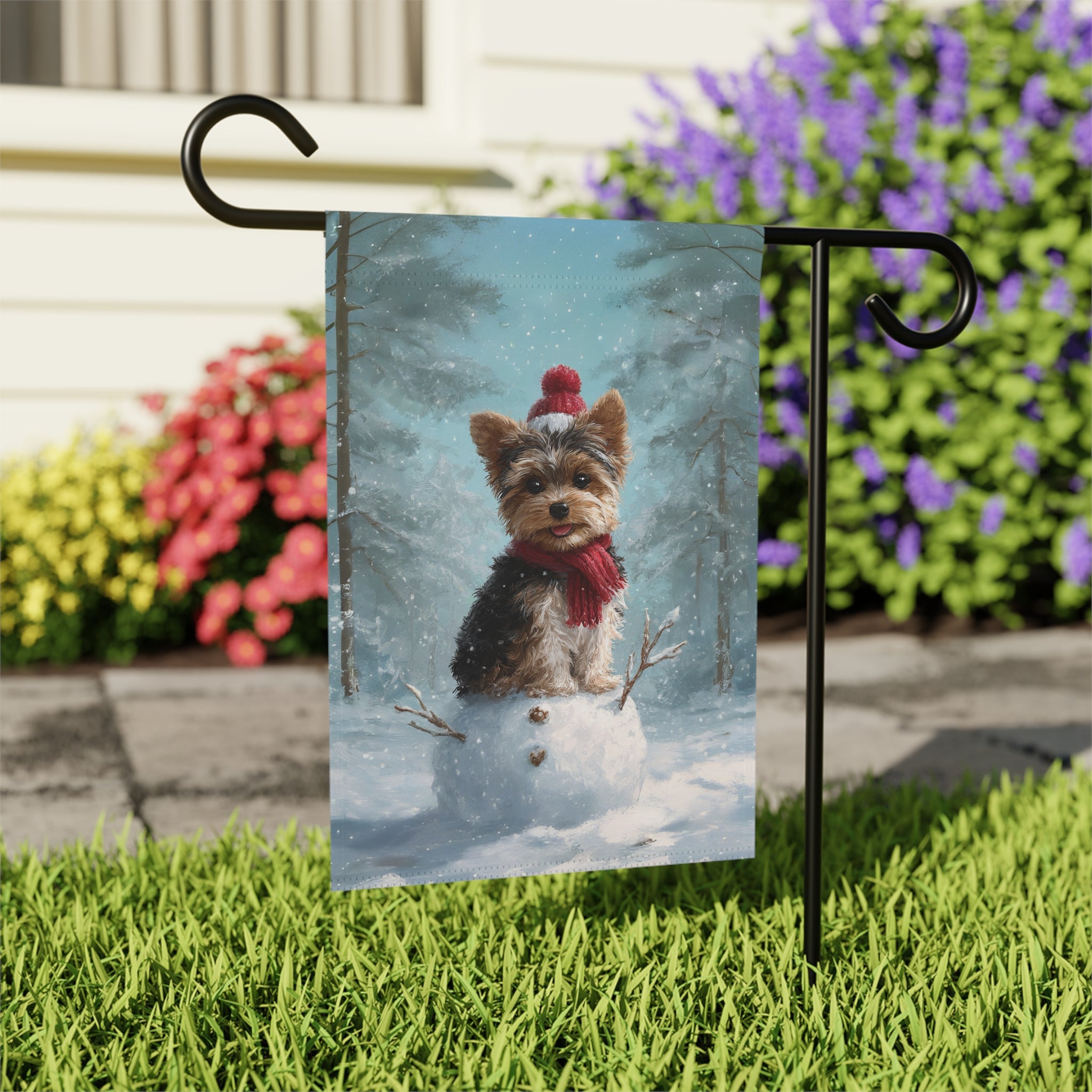 Making a Snowman Yorkie Garden Flag - outdoor display - Dragonfire Gardens