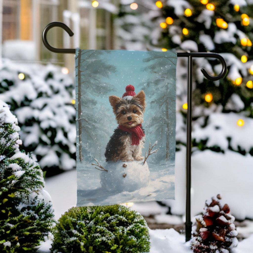 Making a Snowman Yorkie Garden Flag - lifestyle display - Dragonfire Gardens