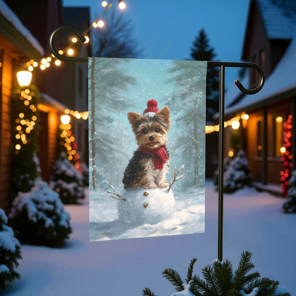 Making a Snowman Yorkie Garden Flag - double-sided design - Dragonfire Gardens